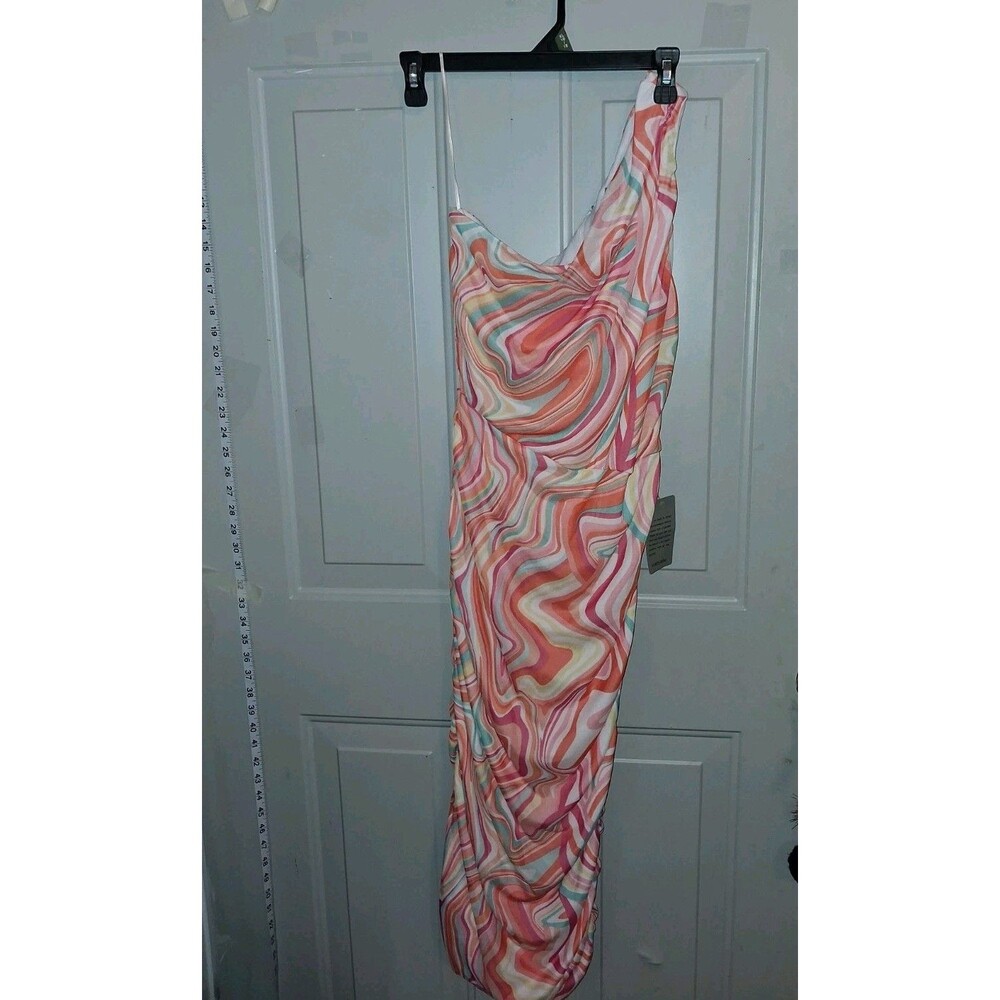 Love X Design One Shoulder Ruched Abstract Multicolor Long Bodycon Dress L